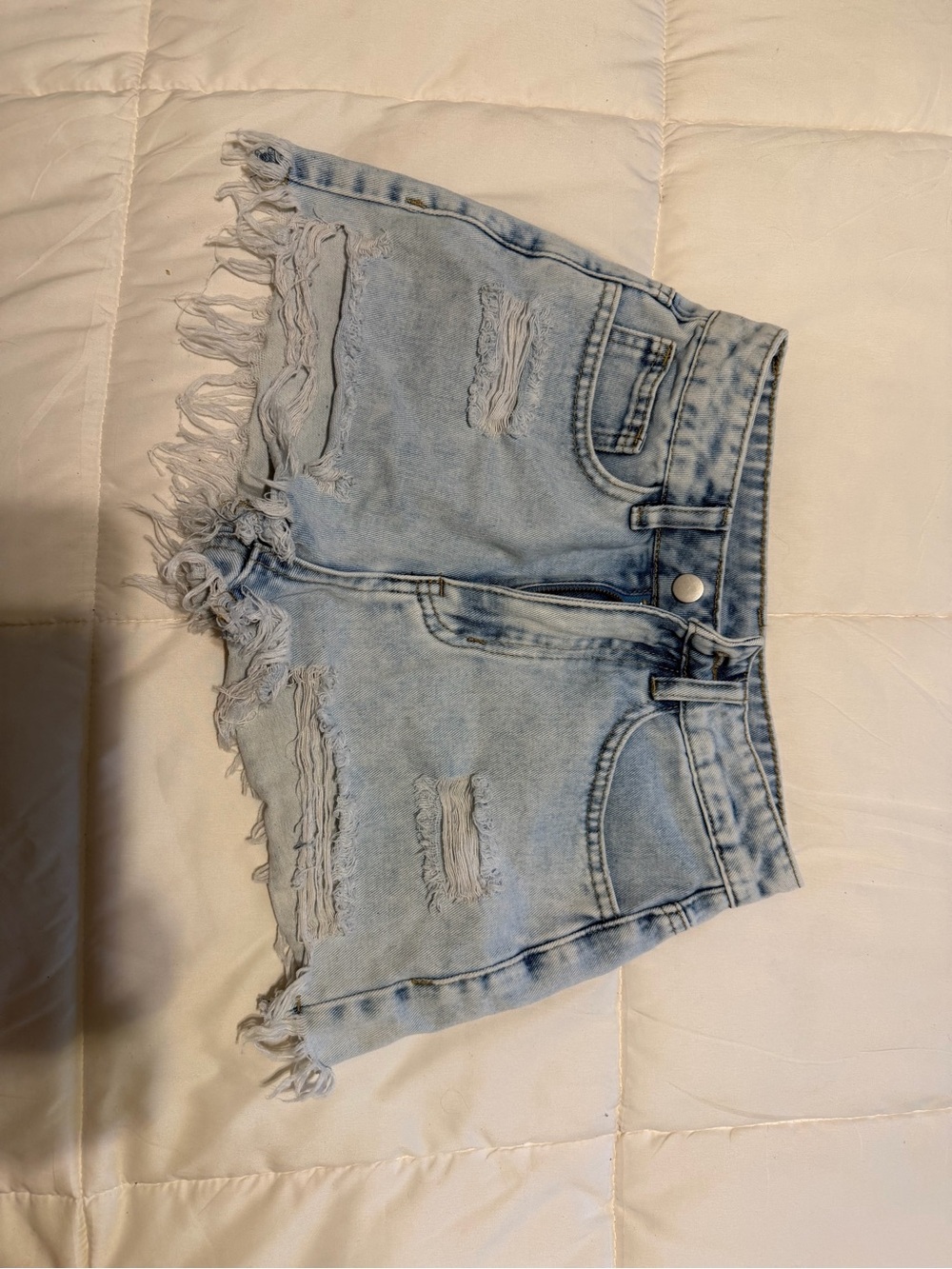 SHEIN Light Blue Ripped Fringe Denim Shorts